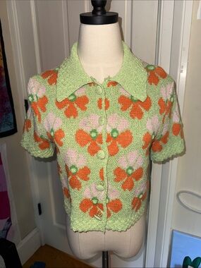 Green Cropped Knit Cardigan with Orange & Pink Floral Pattern